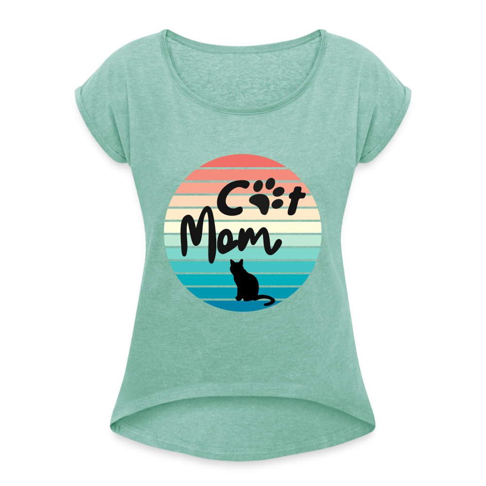 Frauen T-Shirt mit gerollten Ärmeln - Cat Mom - Minze meliert