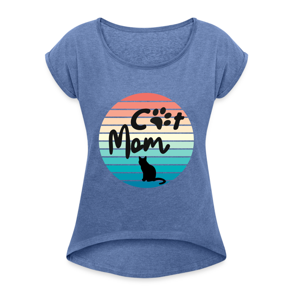 Frauen T-Shirt mit gerollten Ärmeln - Cat Mom - Denim meliert