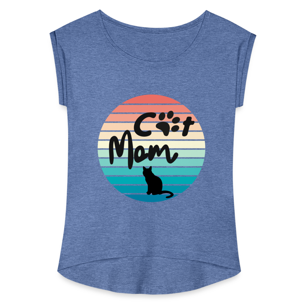 Frauen T-Shirt mit gerollten Ärmeln - Cat Mom - Denim meliert