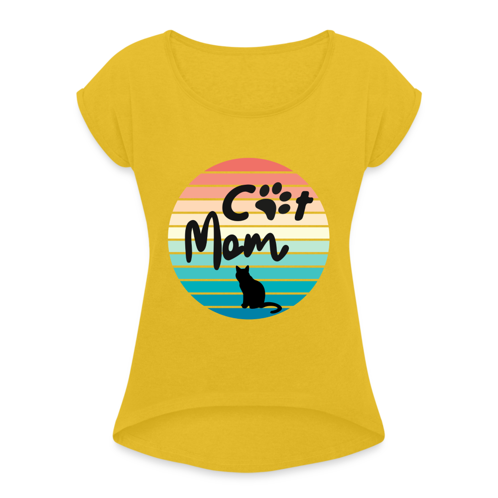 Frauen T-Shirt mit gerollten Ärmeln - Cat Mom - Senfgelb