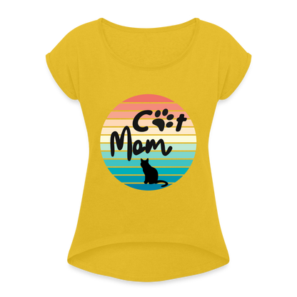 Frauen T-Shirt mit gerollten Ärmeln - Cat Mom - Senfgelb