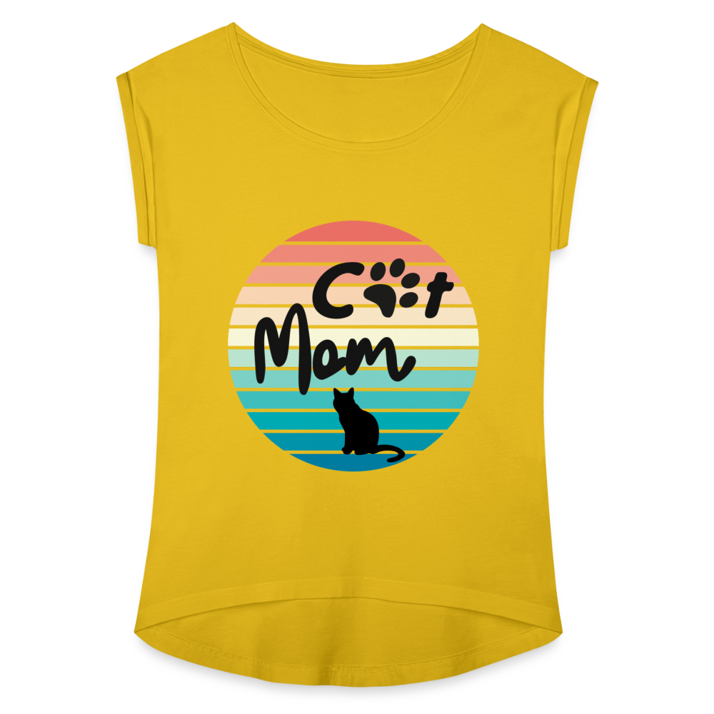 Frauen T-Shirt mit gerollten Ärmeln - Cat Mom - Senfgelb