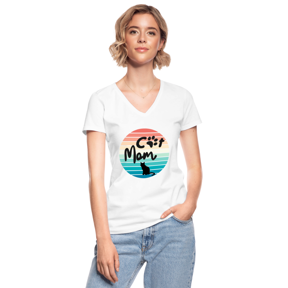 Klassisches Frauen-T-Shirt mit V-Ausschnitt - Cat Mom - weiß