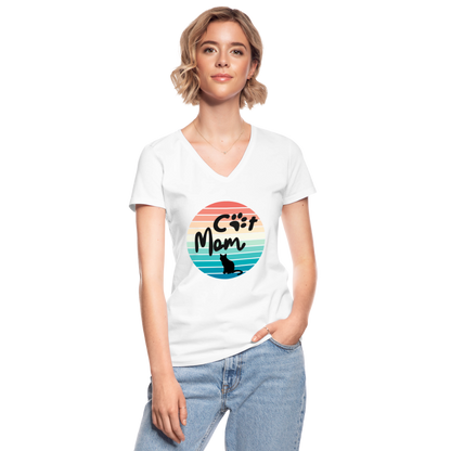 Klassisches Frauen-T-Shirt mit V-Ausschnitt - Cat Mom - weiß