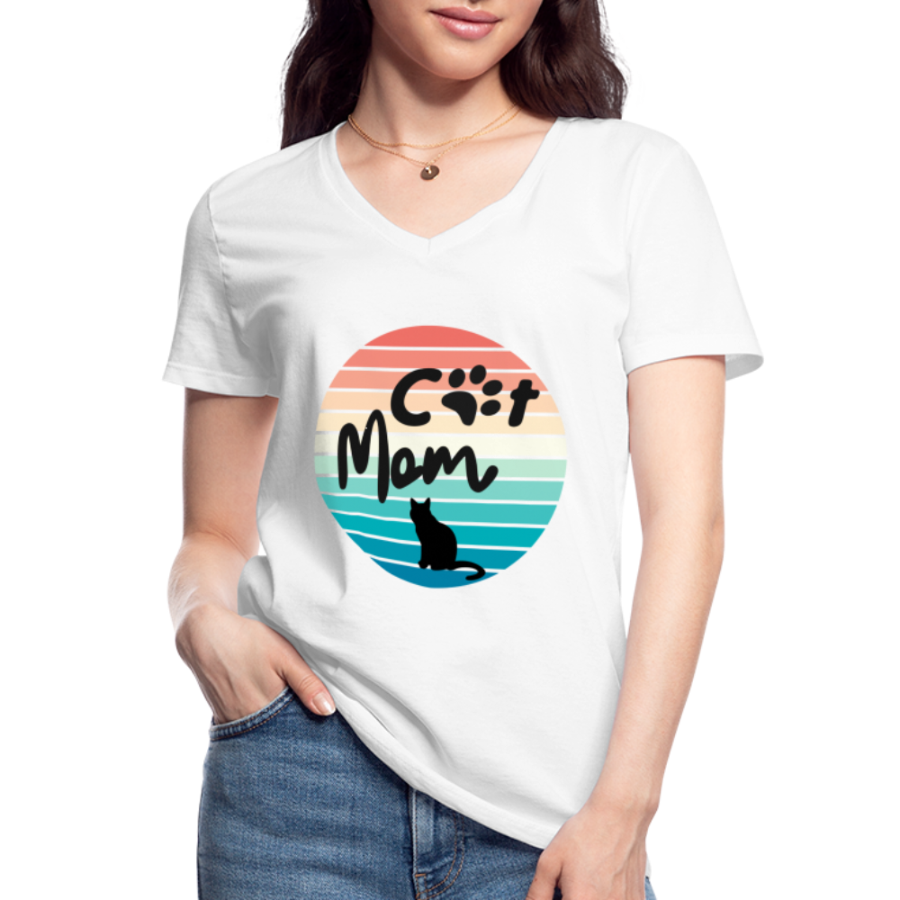 Klassisches Frauen-T-Shirt mit V-Ausschnitt - Cat Mom - weiß