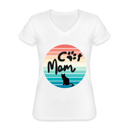 Klassisches Frauen-T-Shirt mit V-Ausschnitt - Cat Mom - weiß