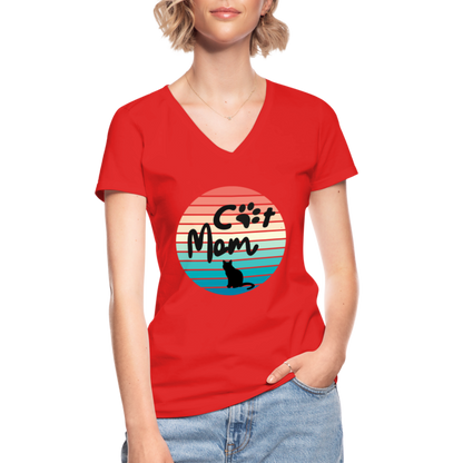 Klassisches Frauen-T-Shirt mit V-Ausschnitt - Cat Mom - Rot