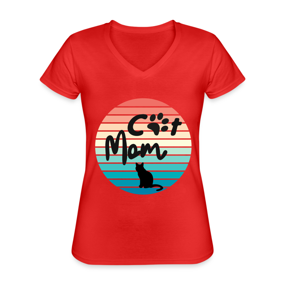 Klassisches Frauen-T-Shirt mit V-Ausschnitt - Cat Mom - Rot