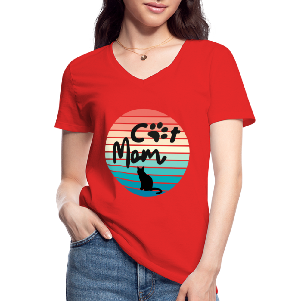 Klassisches Frauen-T-Shirt mit V-Ausschnitt - Cat Mom - Rot