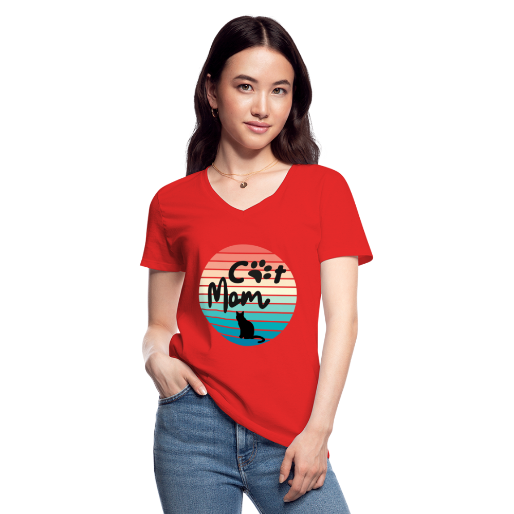 Klassisches Frauen-T-Shirt mit V-Ausschnitt - Cat Mom - Rot