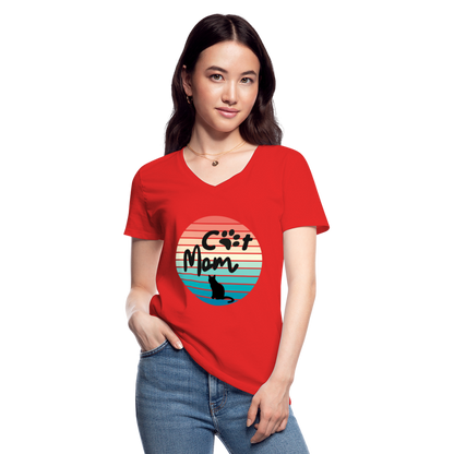 Klassisches Frauen-T-Shirt mit V-Ausschnitt - Cat Mom - Rot