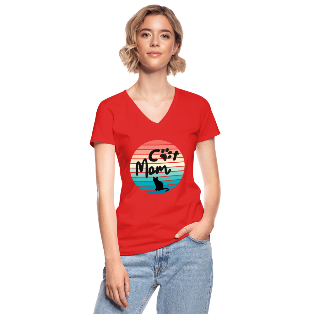 Klassisches Frauen-T-Shirt mit V-Ausschnitt - Cat Mom - Rot