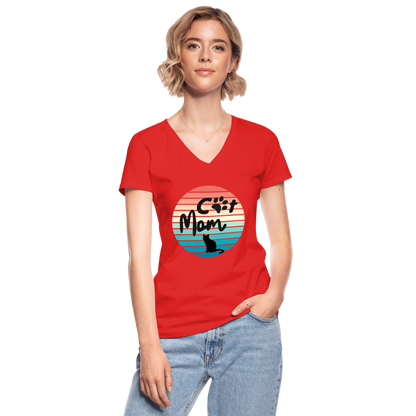 Klassisches Frauen-T-Shirt mit V-Ausschnitt - Cat Mom - Rot