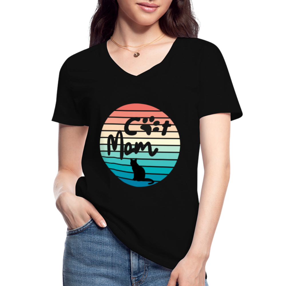 Klassisches Frauen-T-Shirt mit V-Ausschnitt - Cat Mom - Schwarz