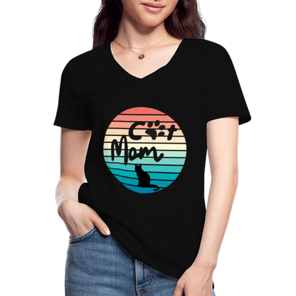 Klassisches Frauen-T-Shirt mit V-Ausschnitt - Cat Mom - Schwarz