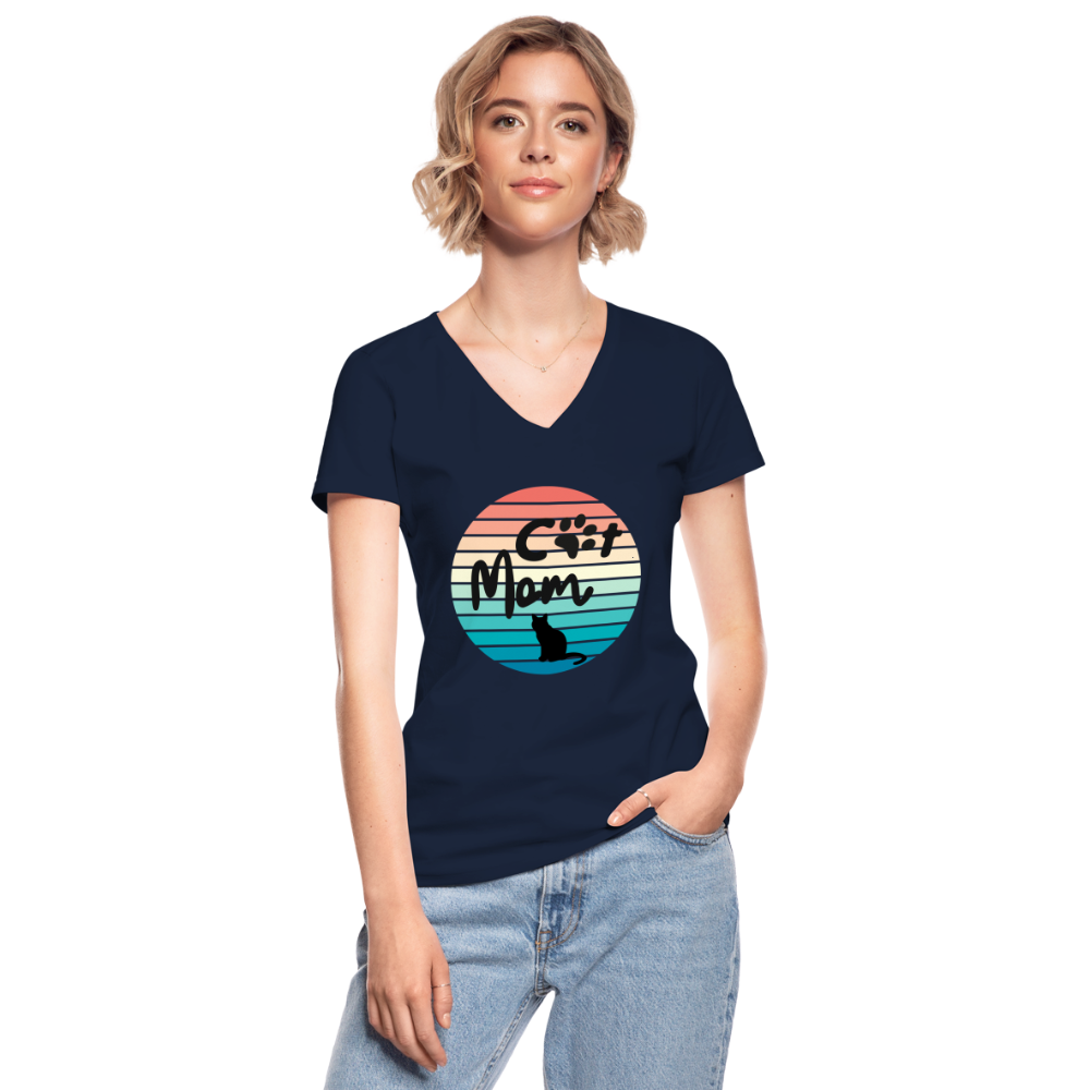 Klassisches Frauen-T-Shirt mit V-Ausschnitt - Cat Mom - Navy