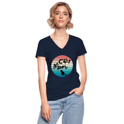 Klassisches Frauen-T-Shirt mit V-Ausschnitt - Cat Mom - Navy