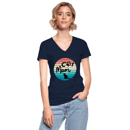 Klassisches Frauen-T-Shirt mit V-Ausschnitt - Cat Mom - Navy