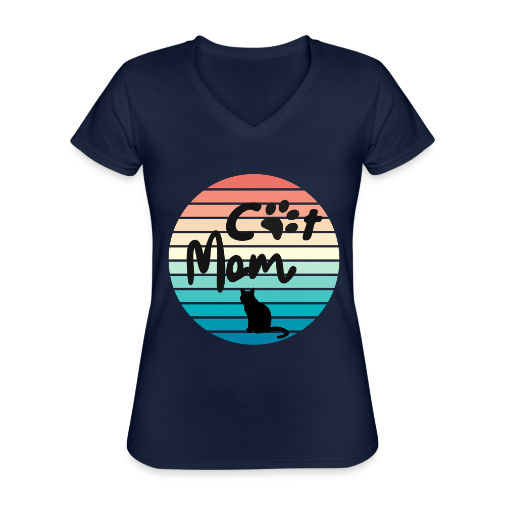 Klassisches Frauen-T-Shirt mit V-Ausschnitt - Cat Mom - Navy