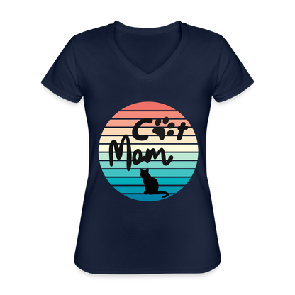 Klassisches Frauen-T-Shirt mit V-Ausschnitt - Cat Mom - Navy