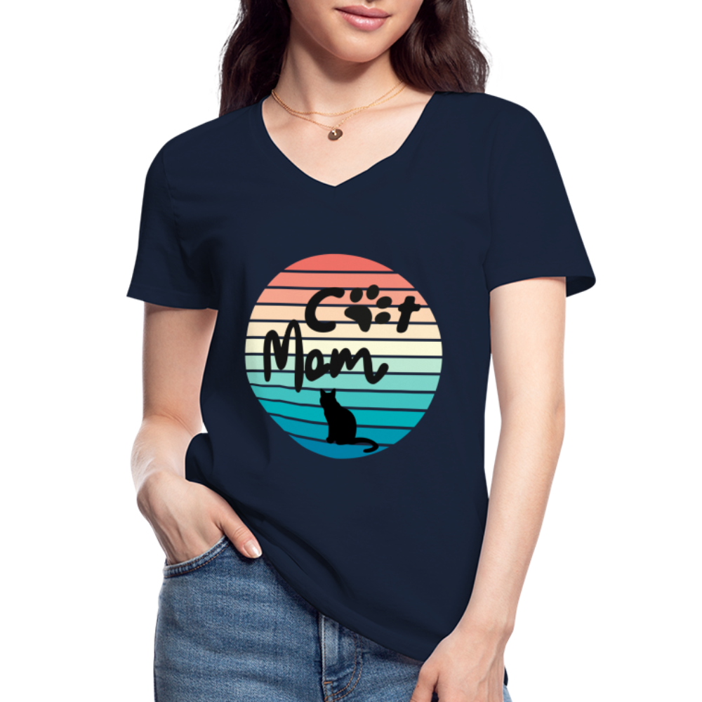 Klassisches Frauen-T-Shirt mit V-Ausschnitt - Cat Mom - Navy