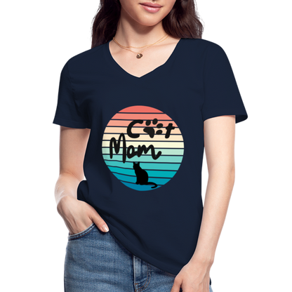 Klassisches Frauen-T-Shirt mit V-Ausschnitt - Cat Mom - Navy