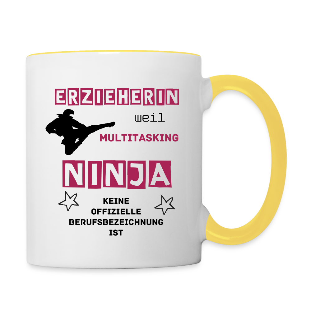 Tasse zweifarbig - Ninja Erzieherin - Weiß/Gelb