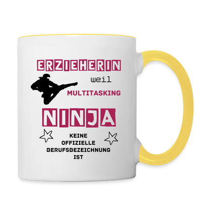 Tasse zweifarbig - Ninja Erzieherin - Weiß/Gelb