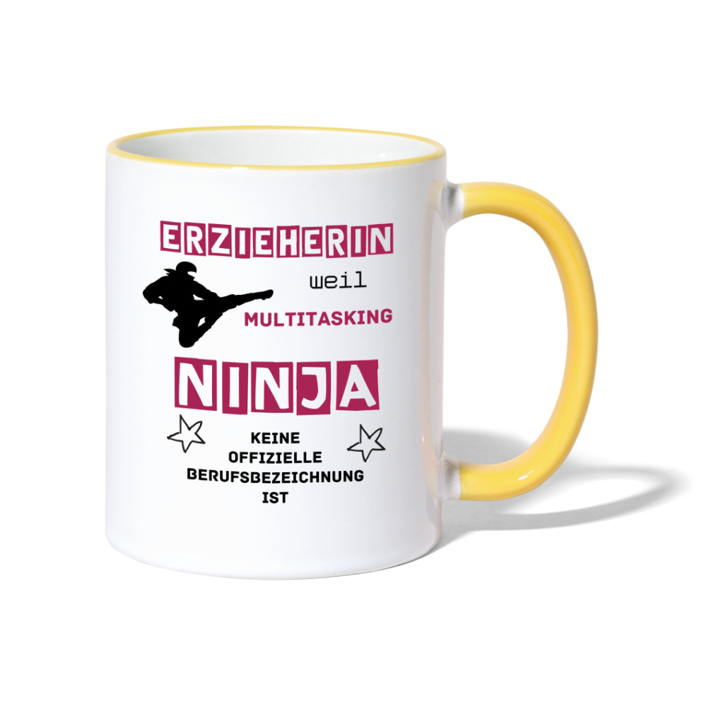 Tasse zweifarbig - Ninja Erzieherin - Weiß/Gelb