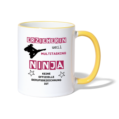 Tasse zweifarbig - Ninja Erzieherin - Weiß/Gelb