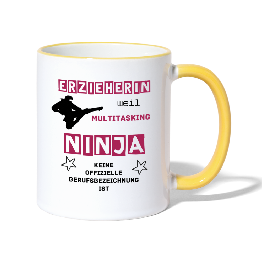 Tasse zweifarbig - Ninja Erzieherin - Weiß/Gelb