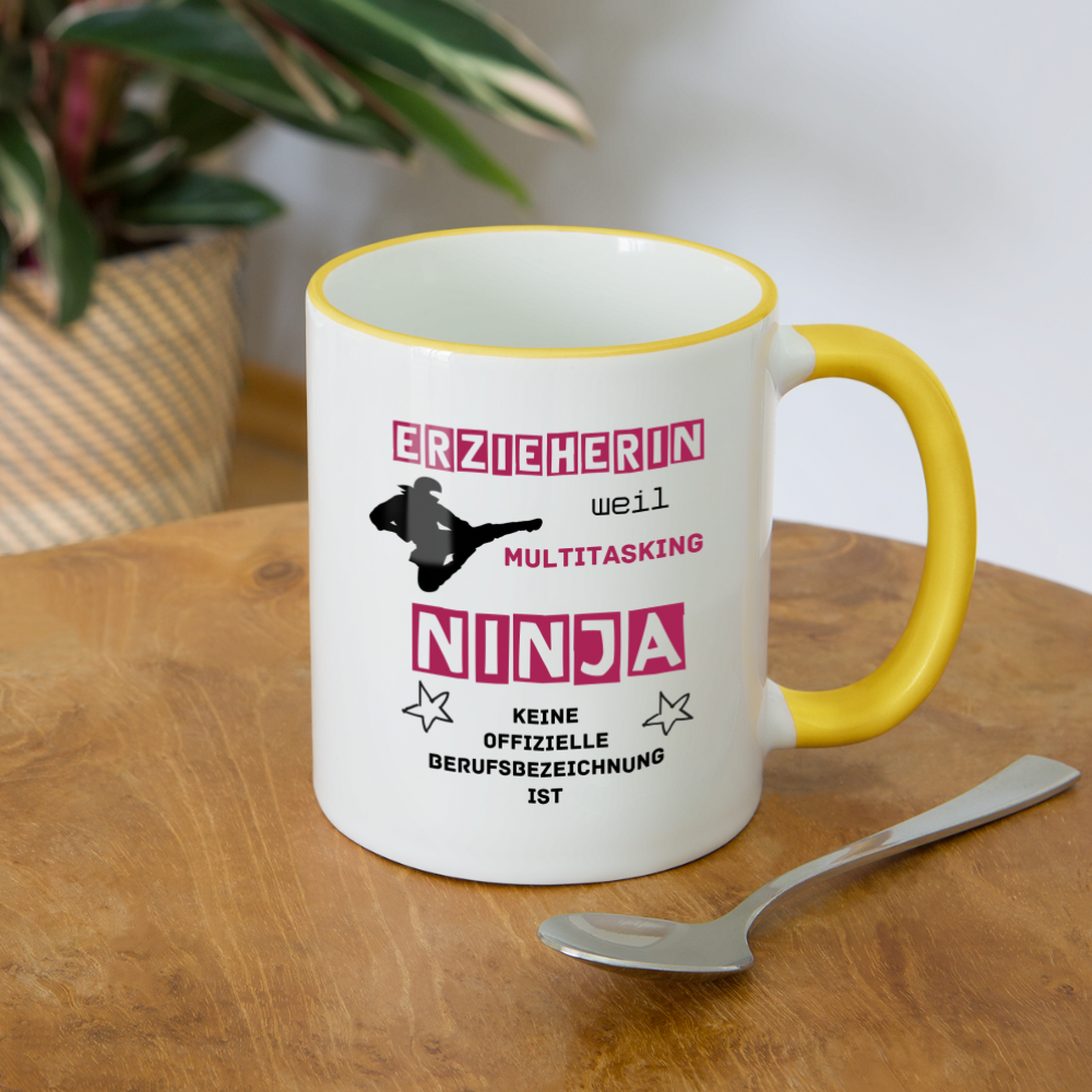 Tasse zweifarbig - Ninja Erzieherin - Weiß/Gelb