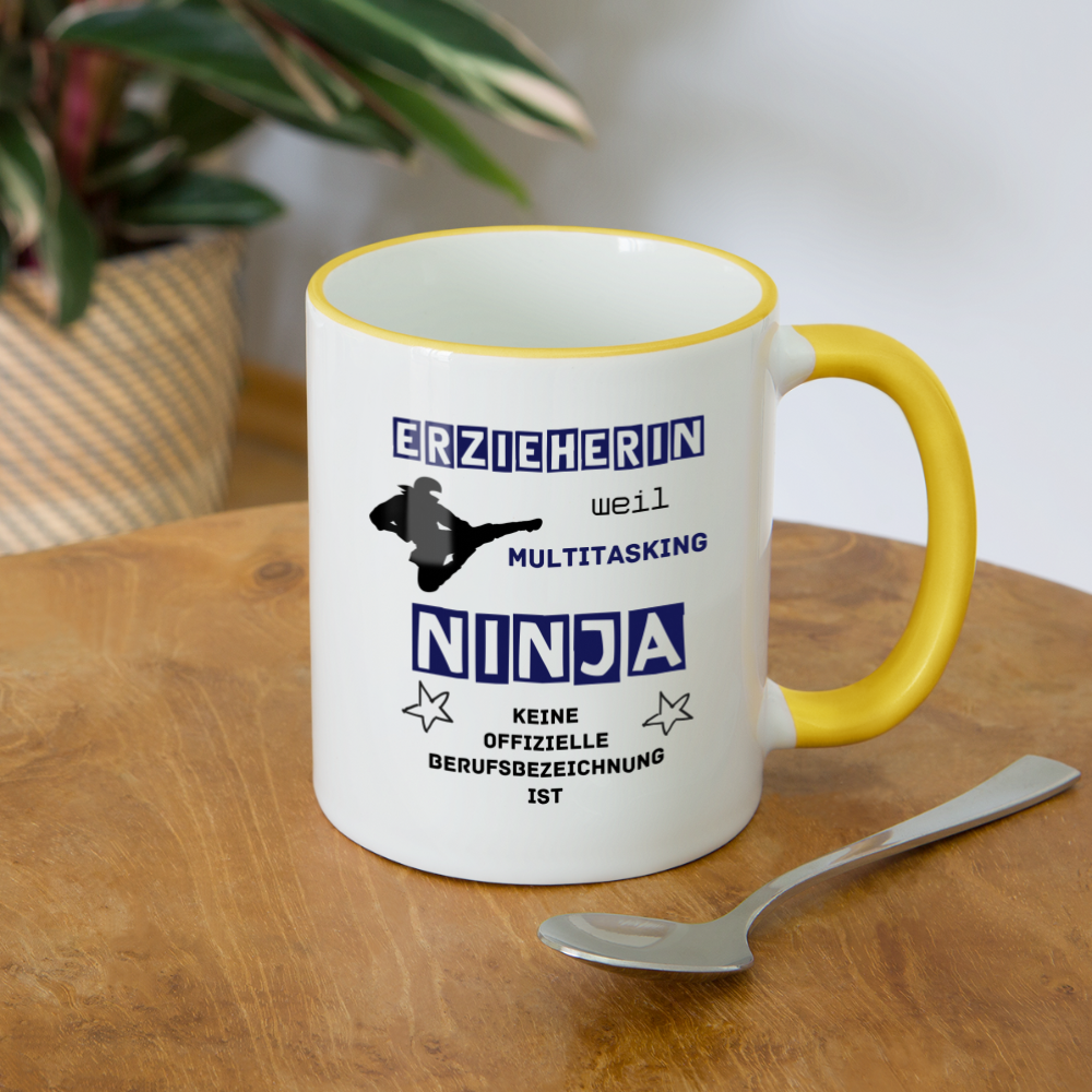 Tasse zweifarbig - Ninja Erzieherin blau - Weiß/Gelb