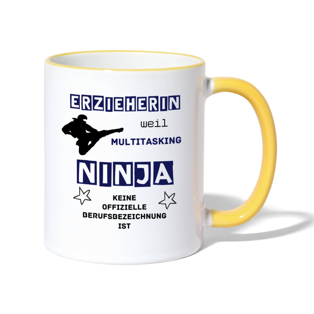 Tasse zweifarbig - Ninja Erzieherin blau - Weiß/Gelb