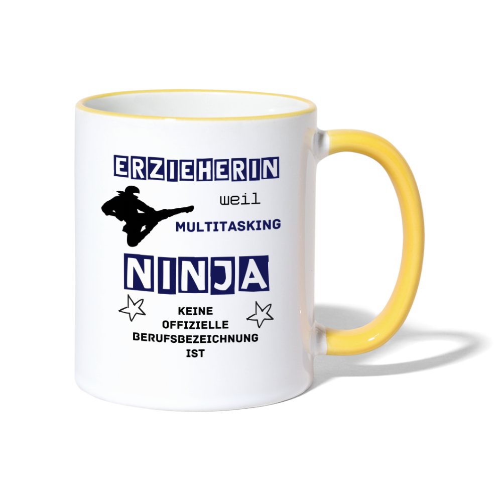 Tasse zweifarbig - Ninja Erzieherin blau - Weiß/Gelb