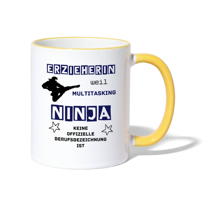 Tasse zweifarbig - Ninja Erzieherin blau - Weiß/Gelb