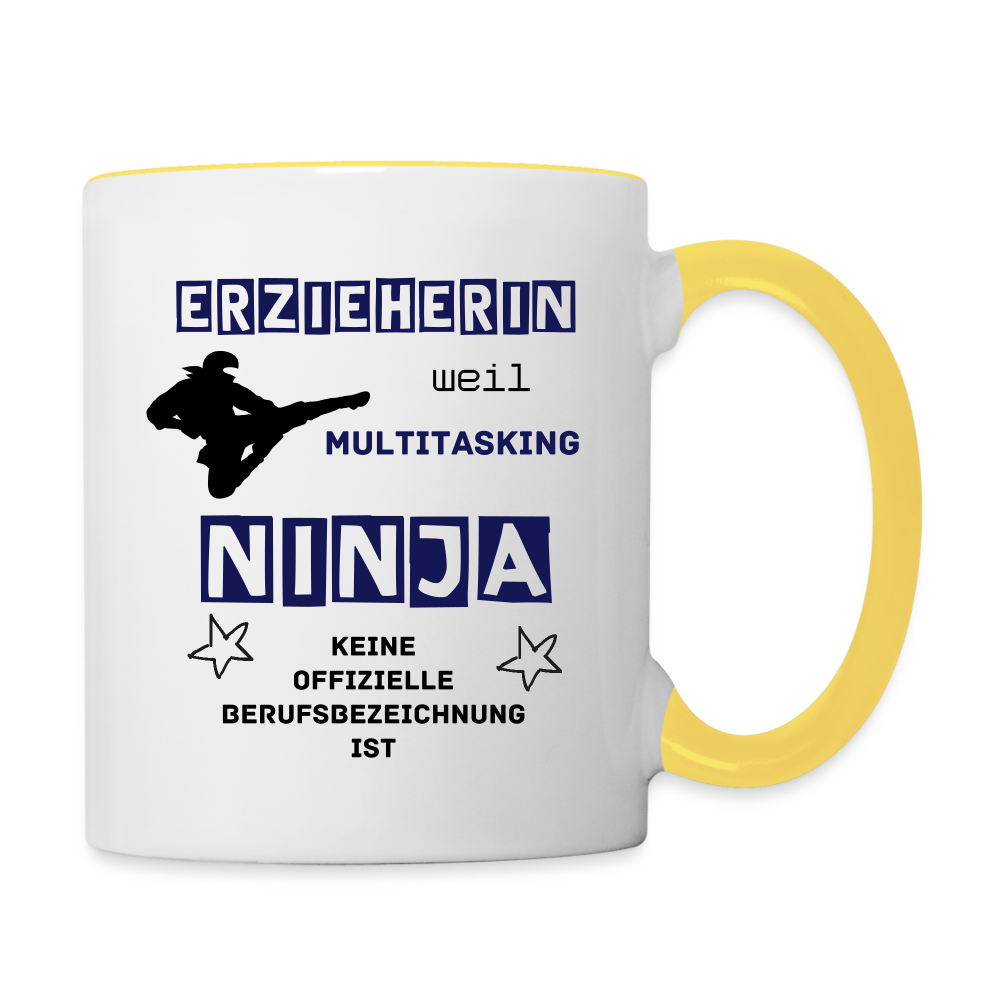 Tasse zweifarbig - Ninja Erzieherin blau - Weiß/Gelb