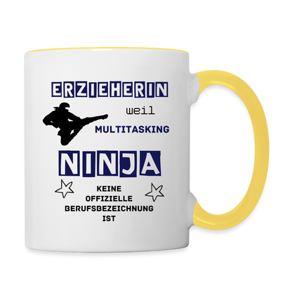 Tasse zweifarbig - Ninja Erzieherin blau - Weiß/Gelb