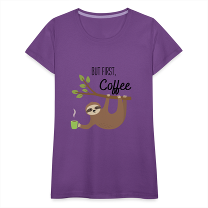 Frauen Premium T-Shirt - But first Coffee mit Faultier - Lila