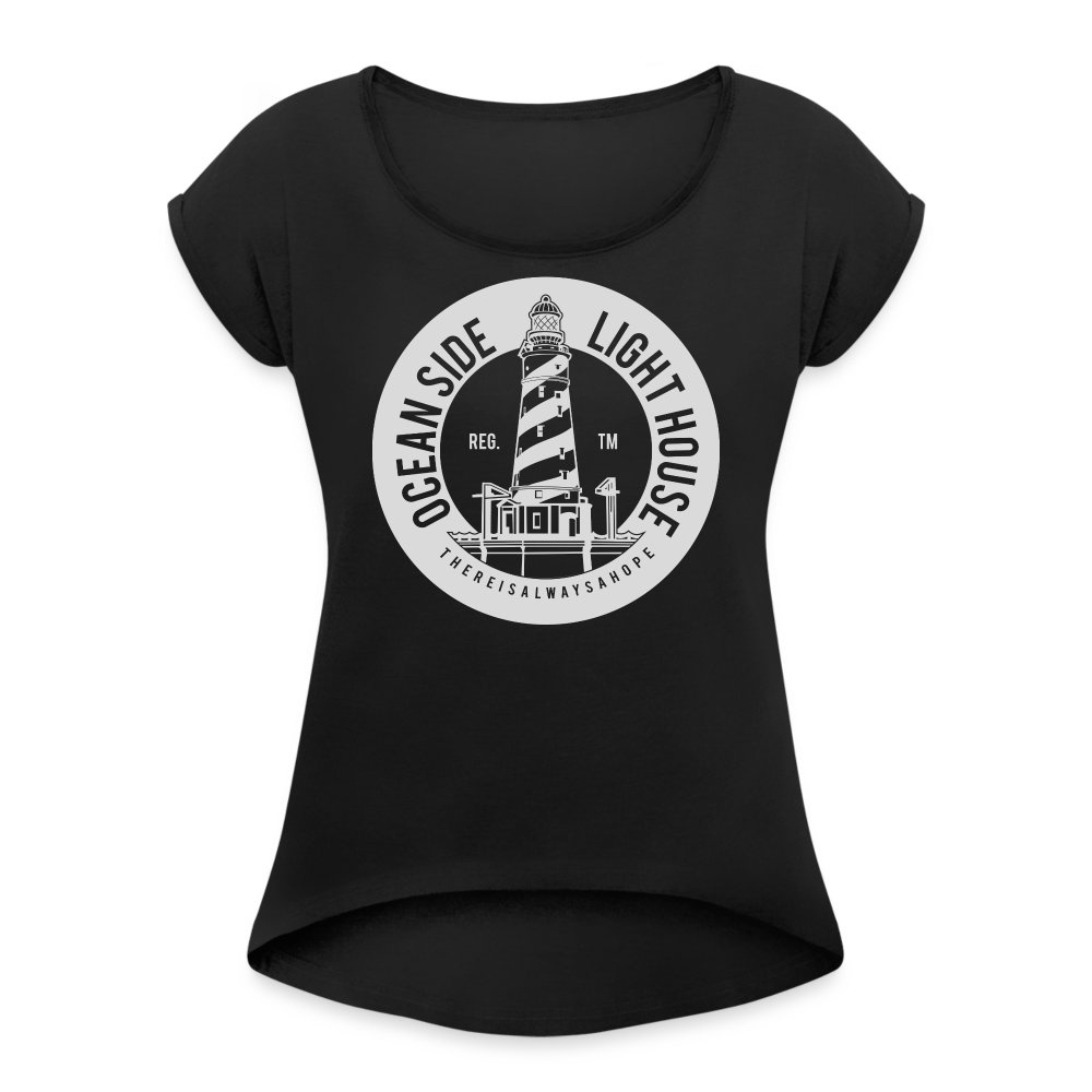 Frauen T-Shirt mit gerollten Ärmeln - Ocean Side Lighthouse - Schwarz