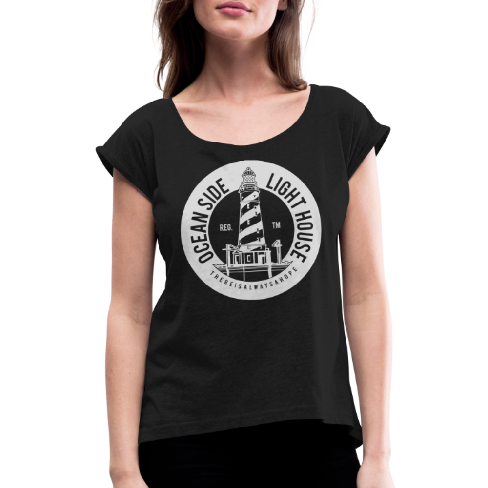 Frauen T-Shirt mit gerollten Ärmeln - Ocean Side Lighthouse - Schwarz