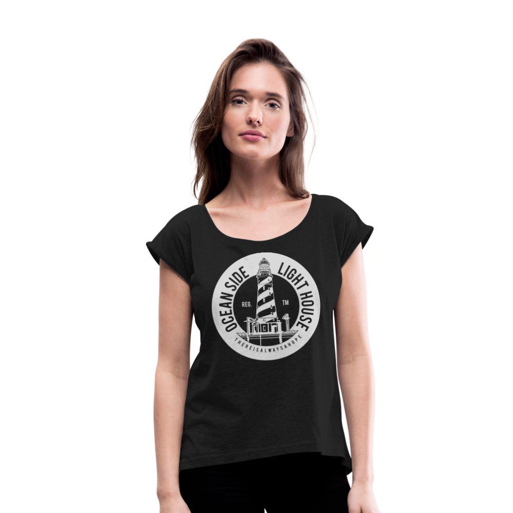 Frauen T-Shirt mit gerollten Ärmeln - Ocean Side Lighthouse - Schwarz