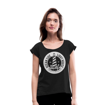 Frauen T-Shirt mit gerollten Ärmeln - Ocean Side Lighthouse - Schwarz