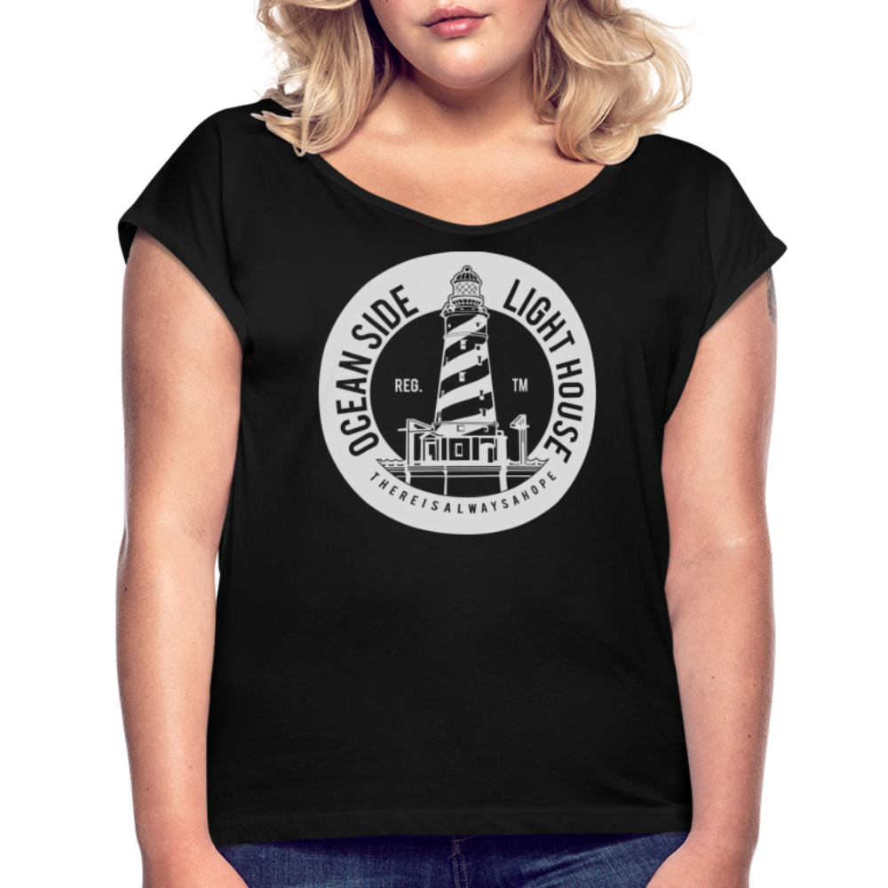 Frauen T-Shirt mit gerollten Ärmeln - Ocean Side Lighthouse - Schwarz