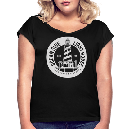 Frauen T-Shirt mit gerollten Ärmeln - Ocean Side Lighthouse - Schwarz