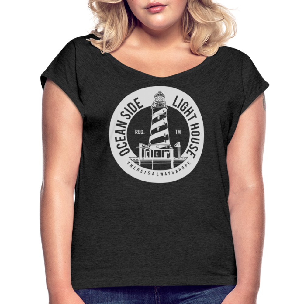 Frauen T-Shirt mit gerollten Ärmeln - Ocean Side Lighthouse - Schwarz meliert