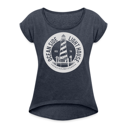 Frauen T-Shirt mit gerollten Ärmeln - Ocean Side Lighthouse - Navy meliert