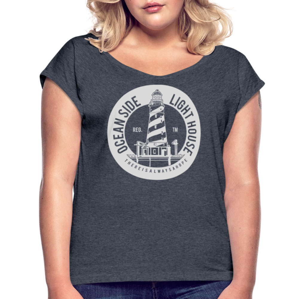 Frauen T-Shirt mit gerollten Ärmeln - Ocean Side Lighthouse - Navy meliert