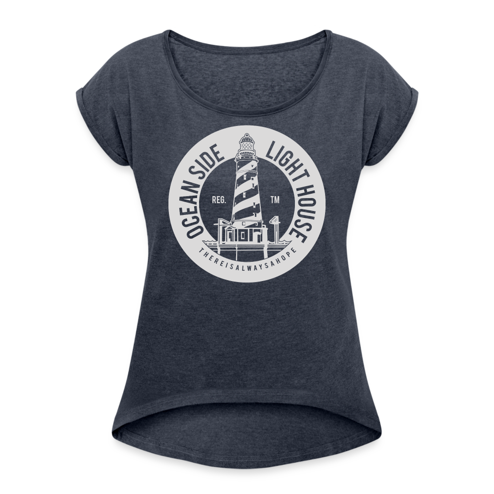 Frauen T-Shirt mit gerollten Ärmeln - Ocean Side Lighthouse - Navy meliert