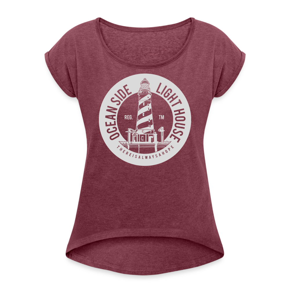 Frauen T-Shirt mit gerollten Ärmeln - Ocean Side Lighthouse - Bordeauxrot meliert